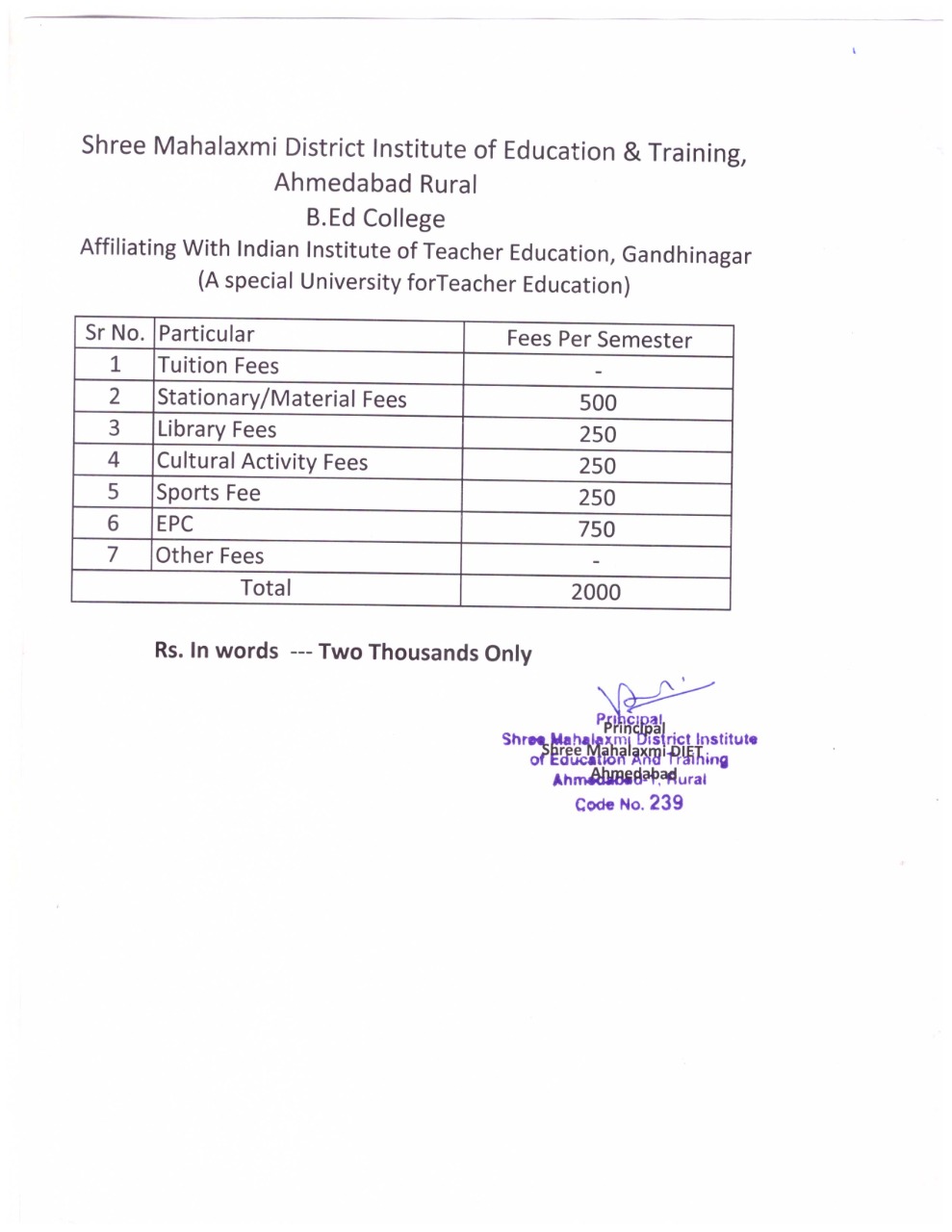 B.Ed Fee Structure – DIET Ahmedabad Rural